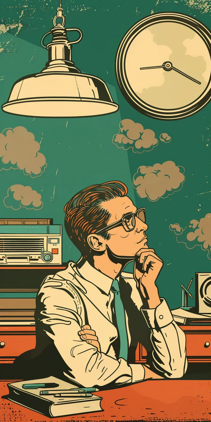 Illustration rétro : un homme pensif à son bureau